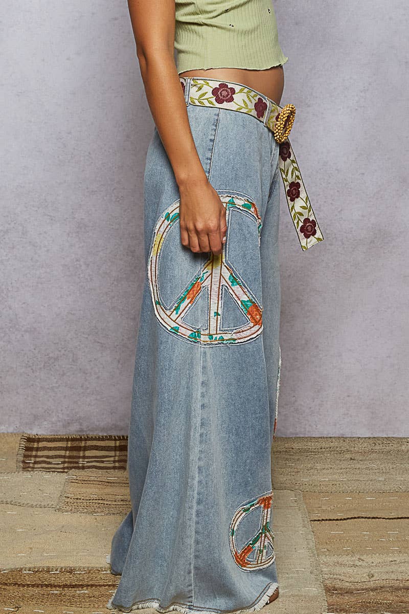 POL Piper Peace Patch Wide Pants ~ Light Denim