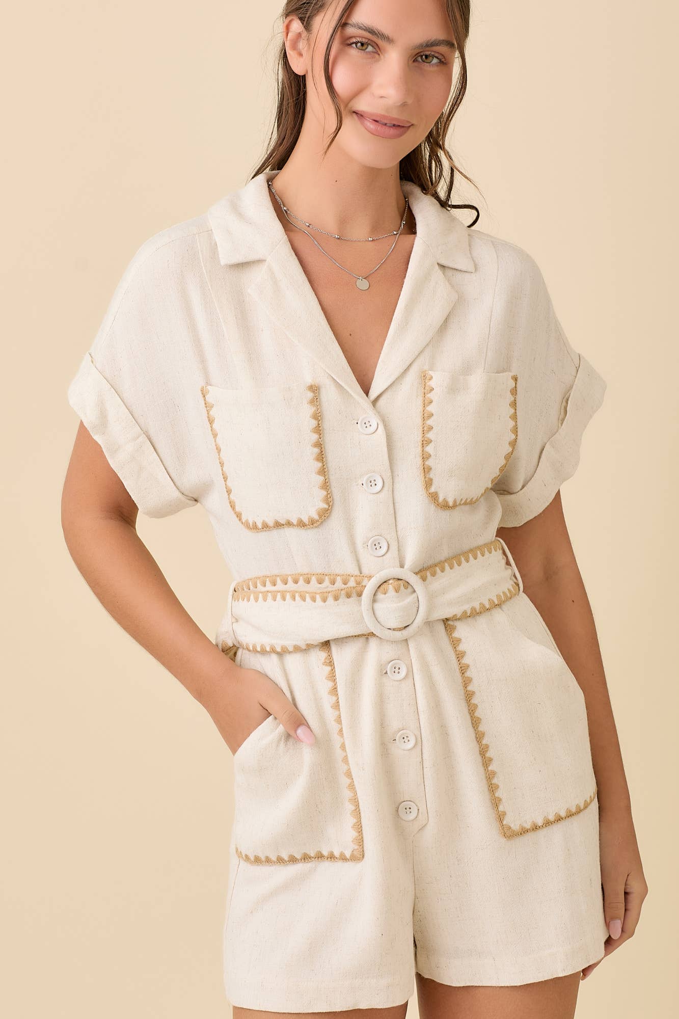 Simone Lapel Collar Button Down Belted Romper ~ Natural