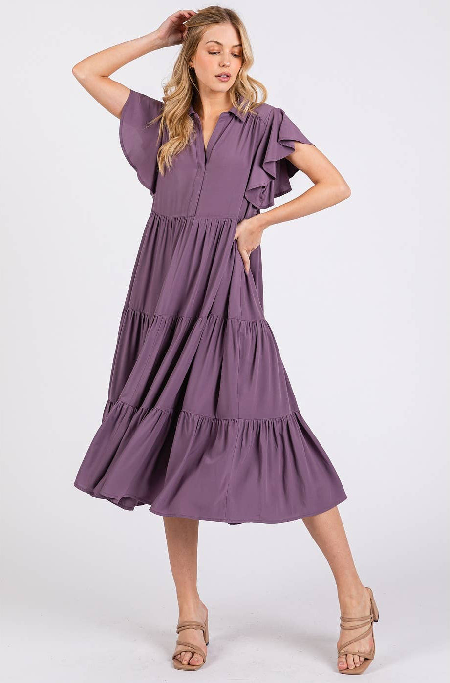 Rowan Ruffle Sleeve Collared Midi Dress ~ Faded Plum