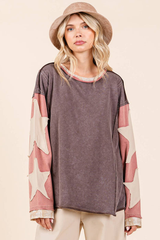 Sara Star Patch Colorblock Mineral Wash Top ~ Brown