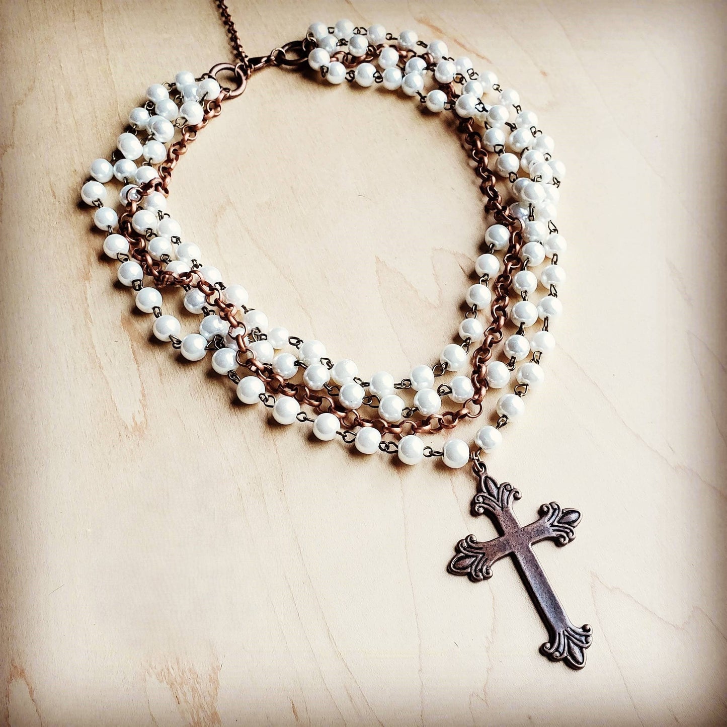 Pearl & Copper Beaded Cross Necklace
