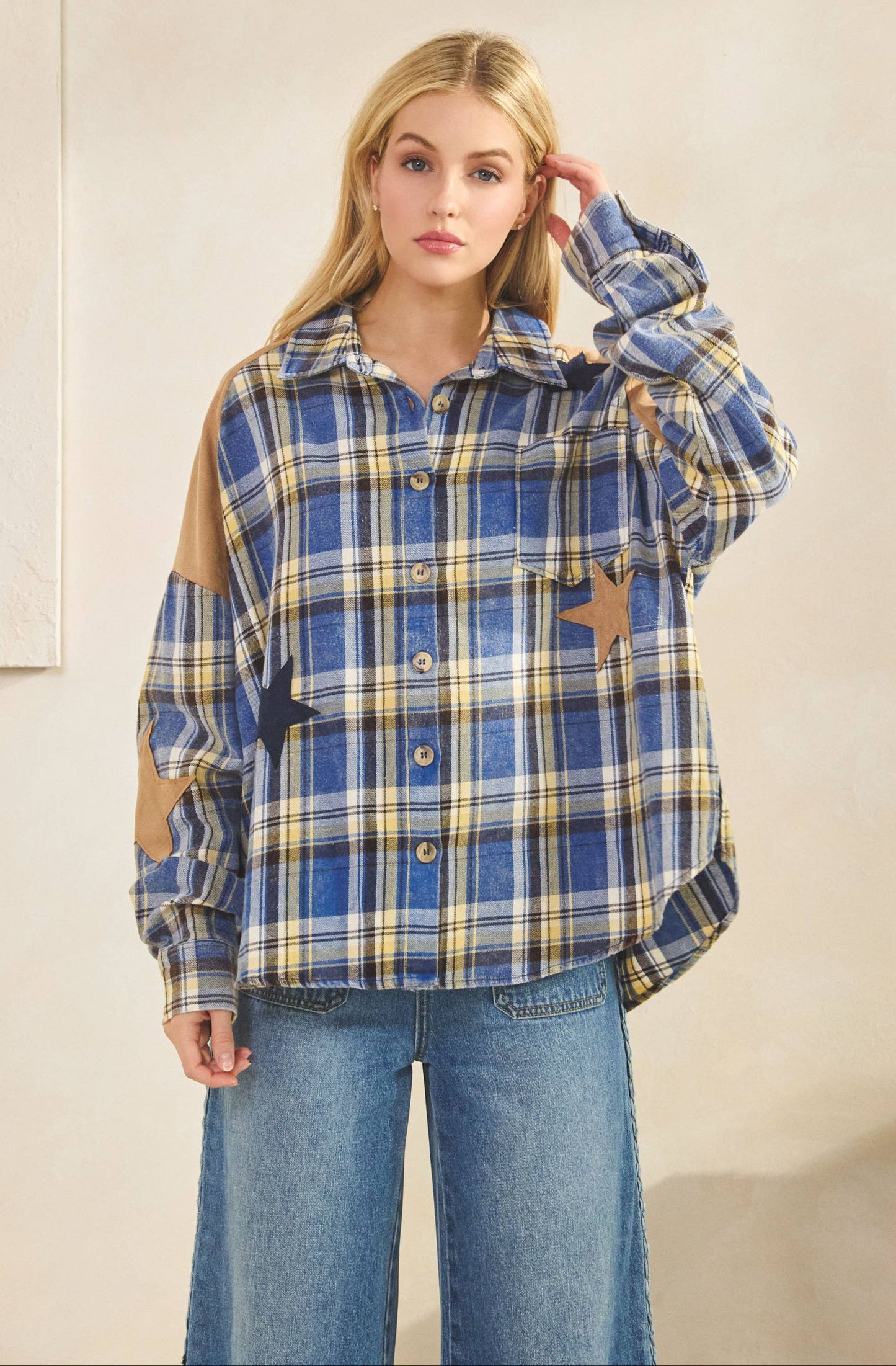 Skylar Star Patchwork Plaid Flannel Shirt ~ Blue