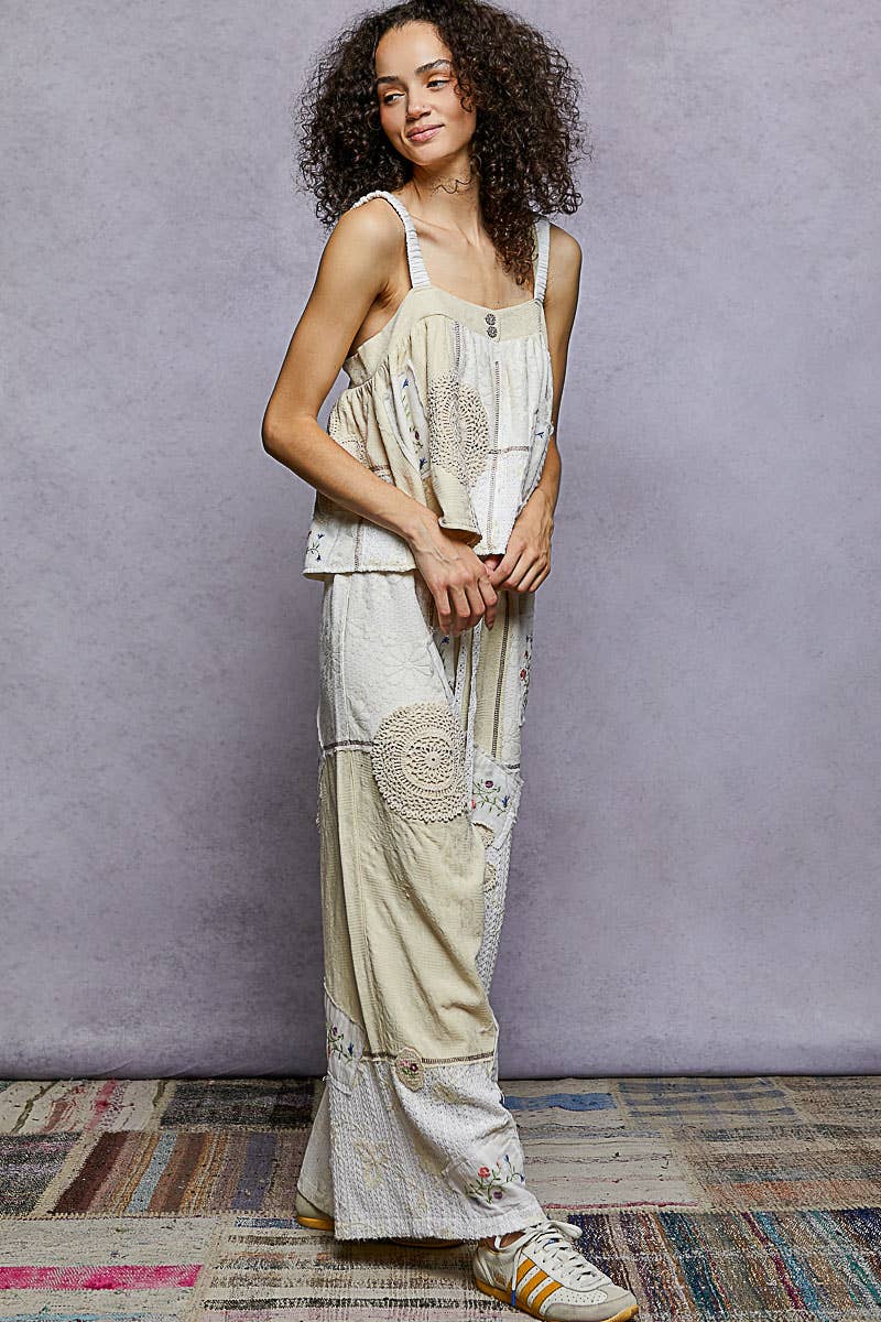 Willow Solid Lace Patch Detail Woven Pants ~ Natural