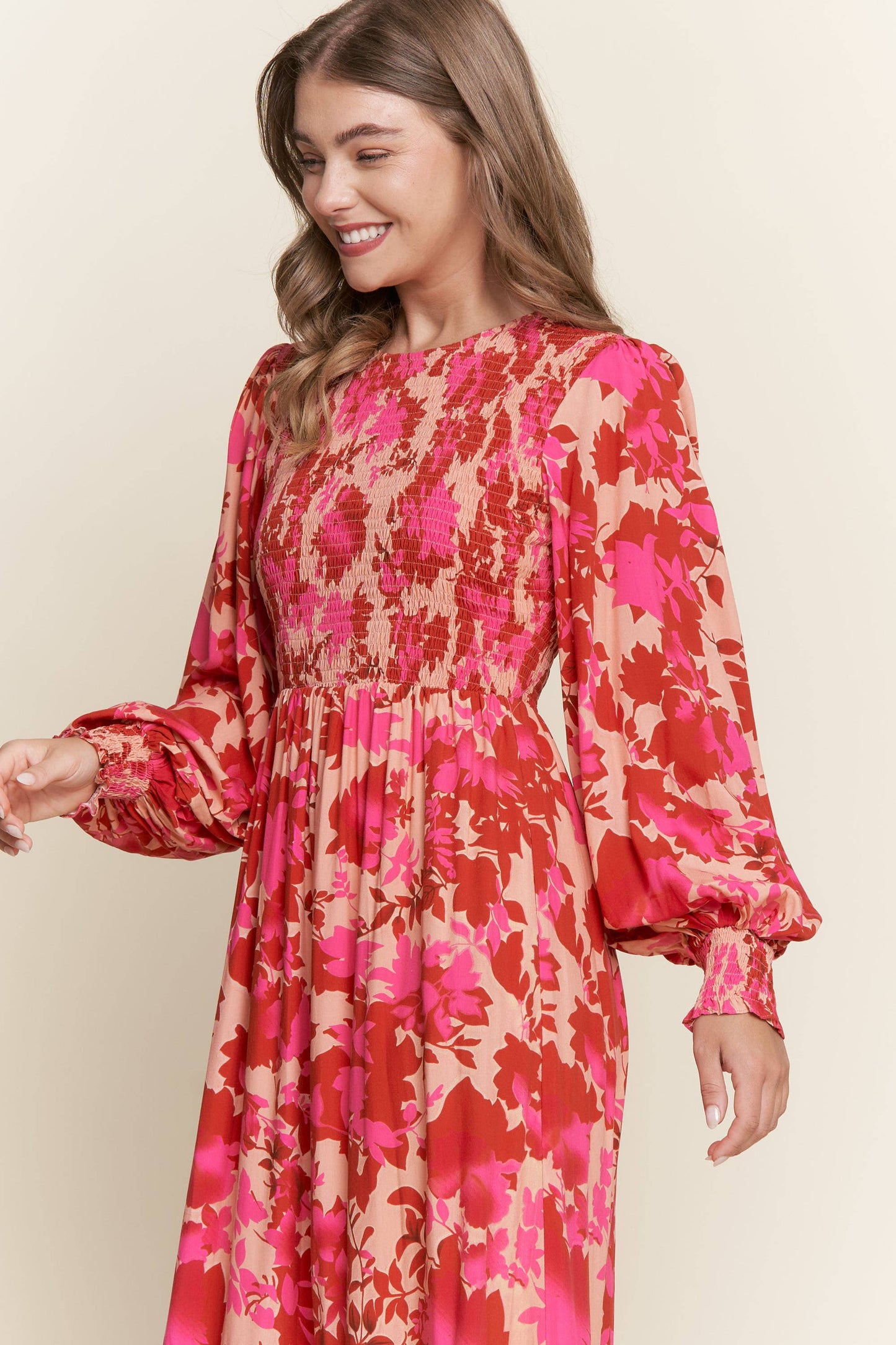Jessica Floral Smocked Bodice  Maxi Dress ~ Red