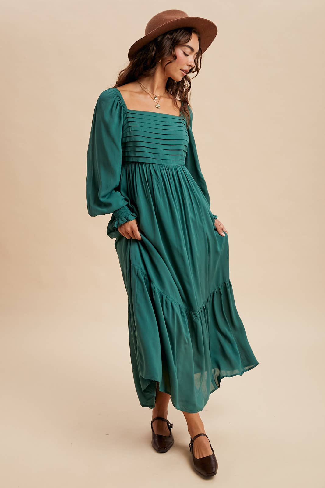 Emily Pleated Square Neck Maxi Dress ~ Evergreen