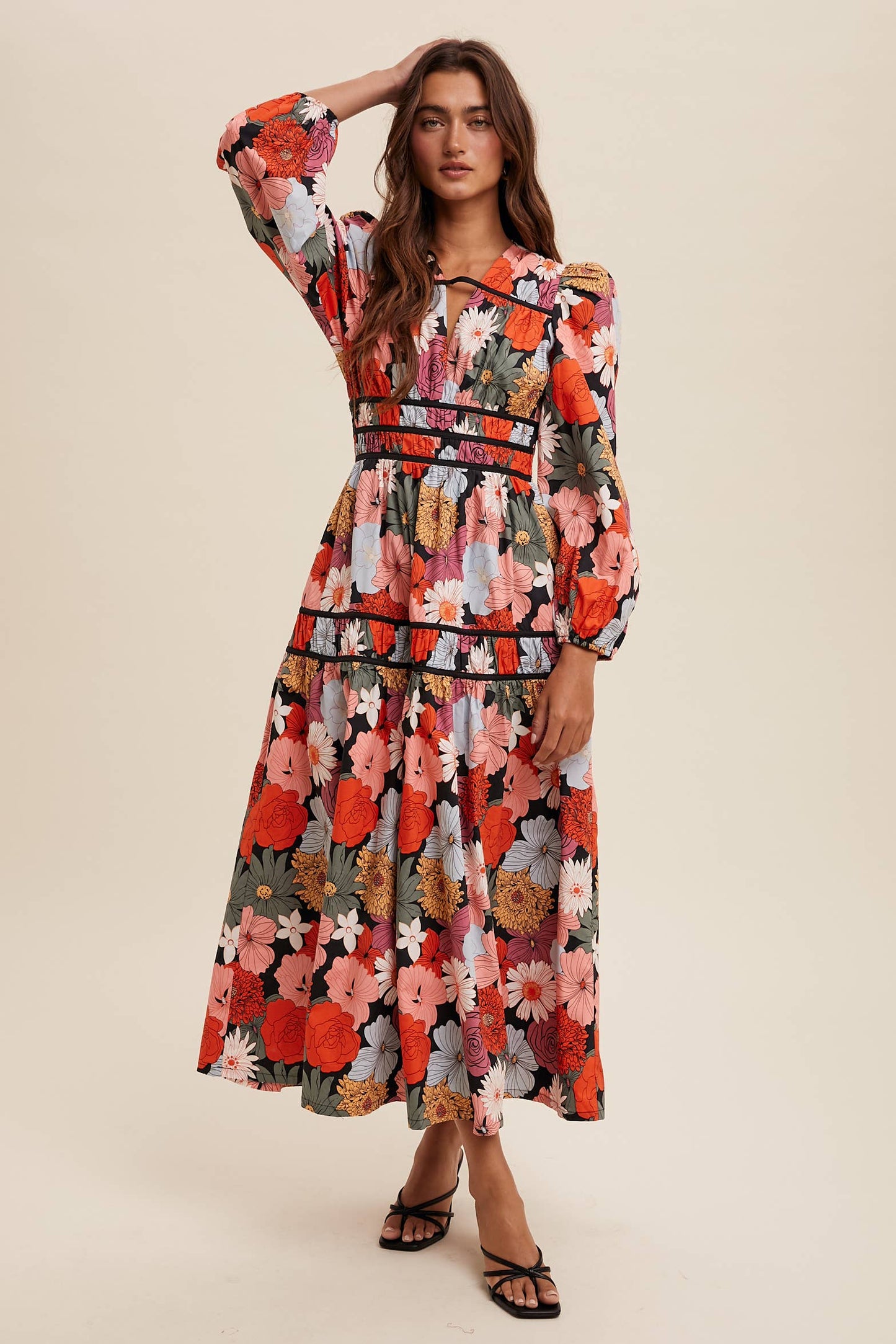 Sidney Floral Puff Sleeve Midi Dress ~ Red
