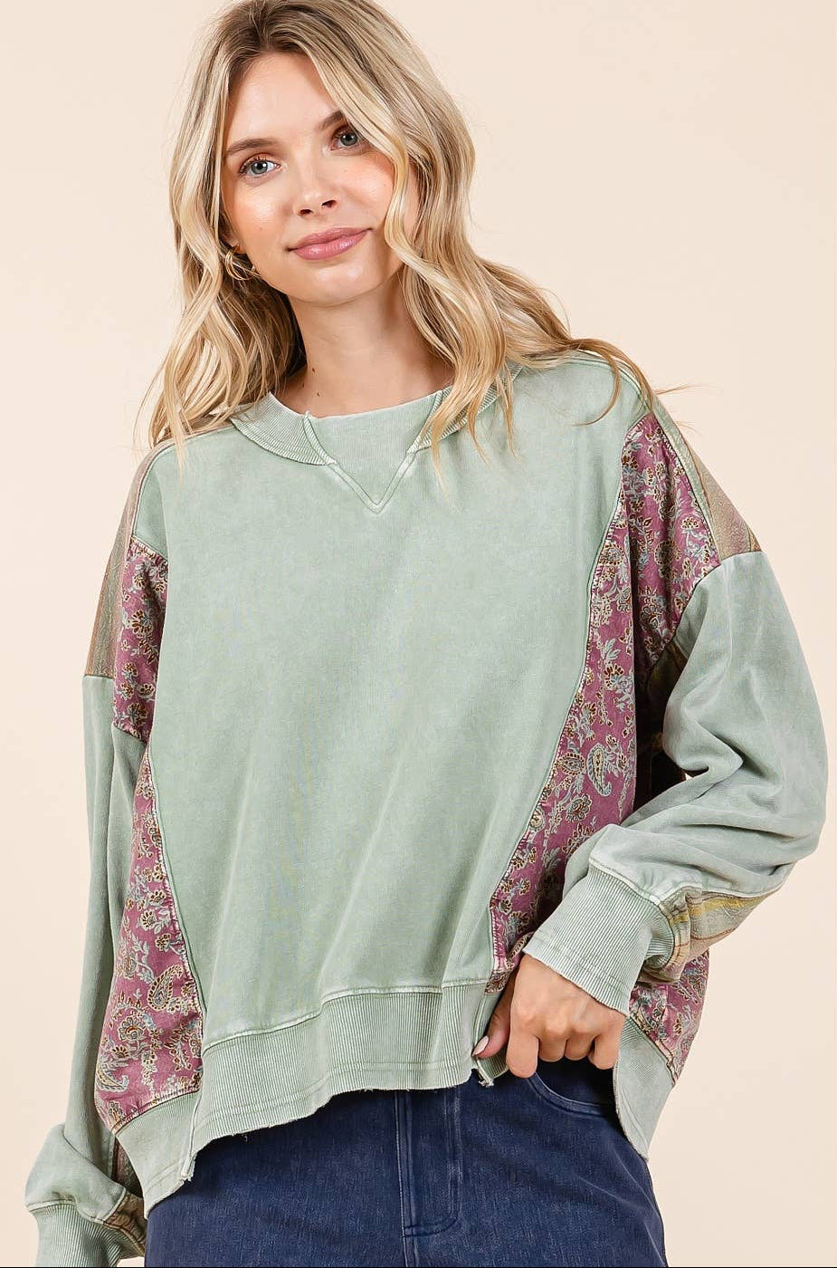 Carrie Patchwork Mineral Wash Pullover ~ Sage