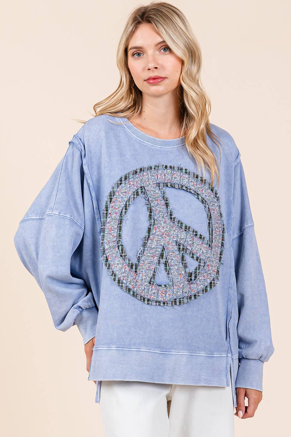 Peace Sign Mineral Wash Pullover ~ Rain Blue