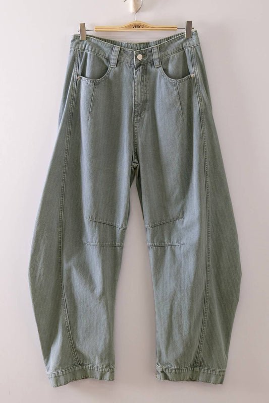 Tara Washed Denim Barrel Jeans ~ Sage