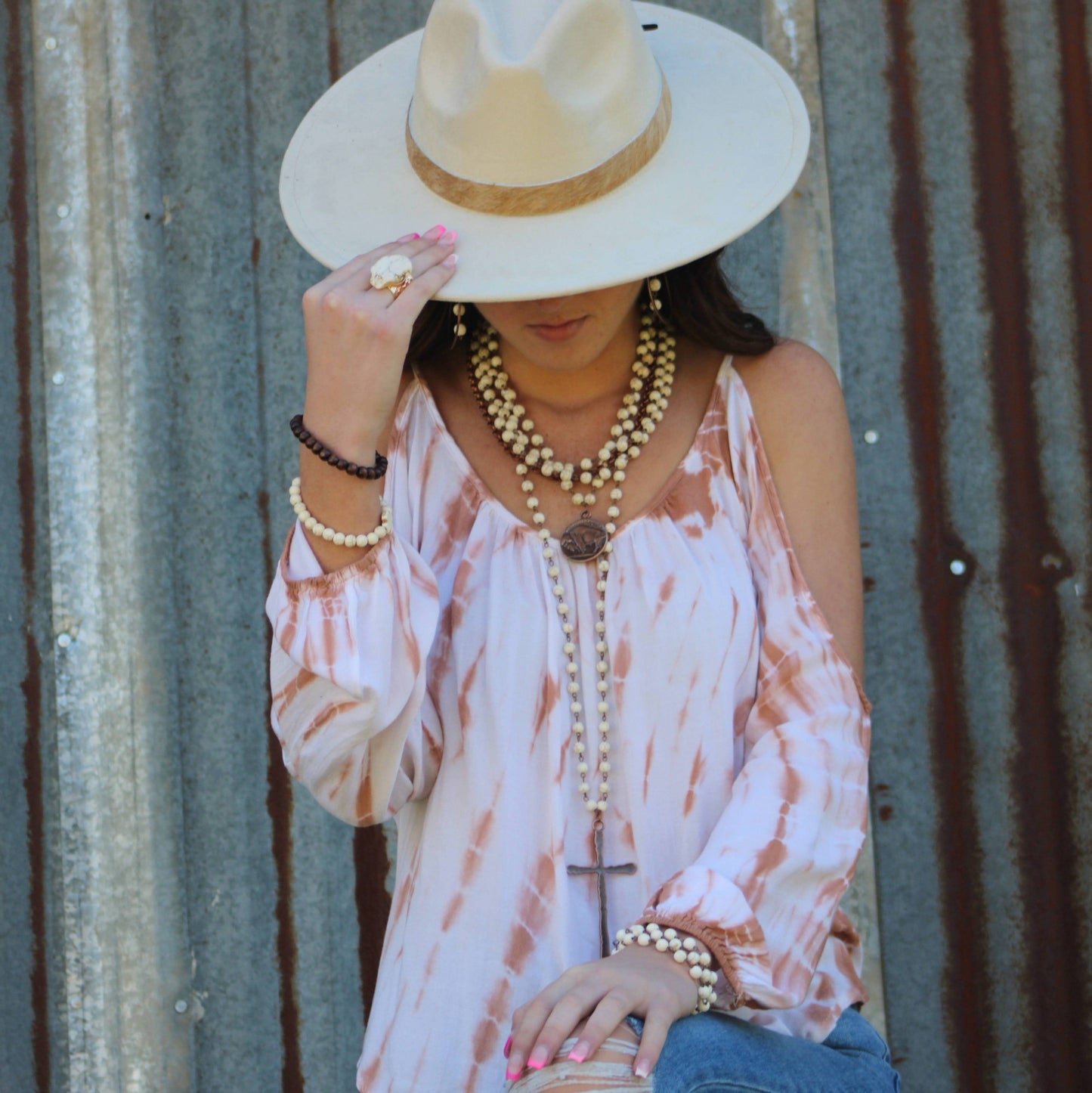 White Turquoise Long Beaded Cross Necklace