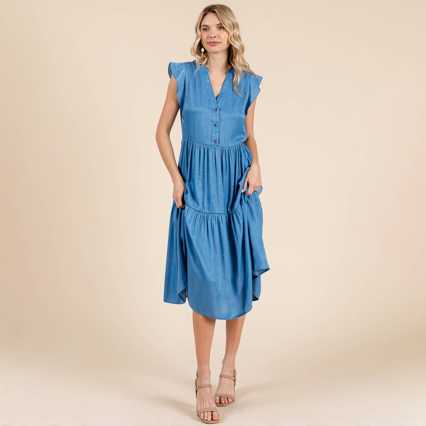 Terry Tiered Flutter Sleeve Midi Dress ~ Chambray