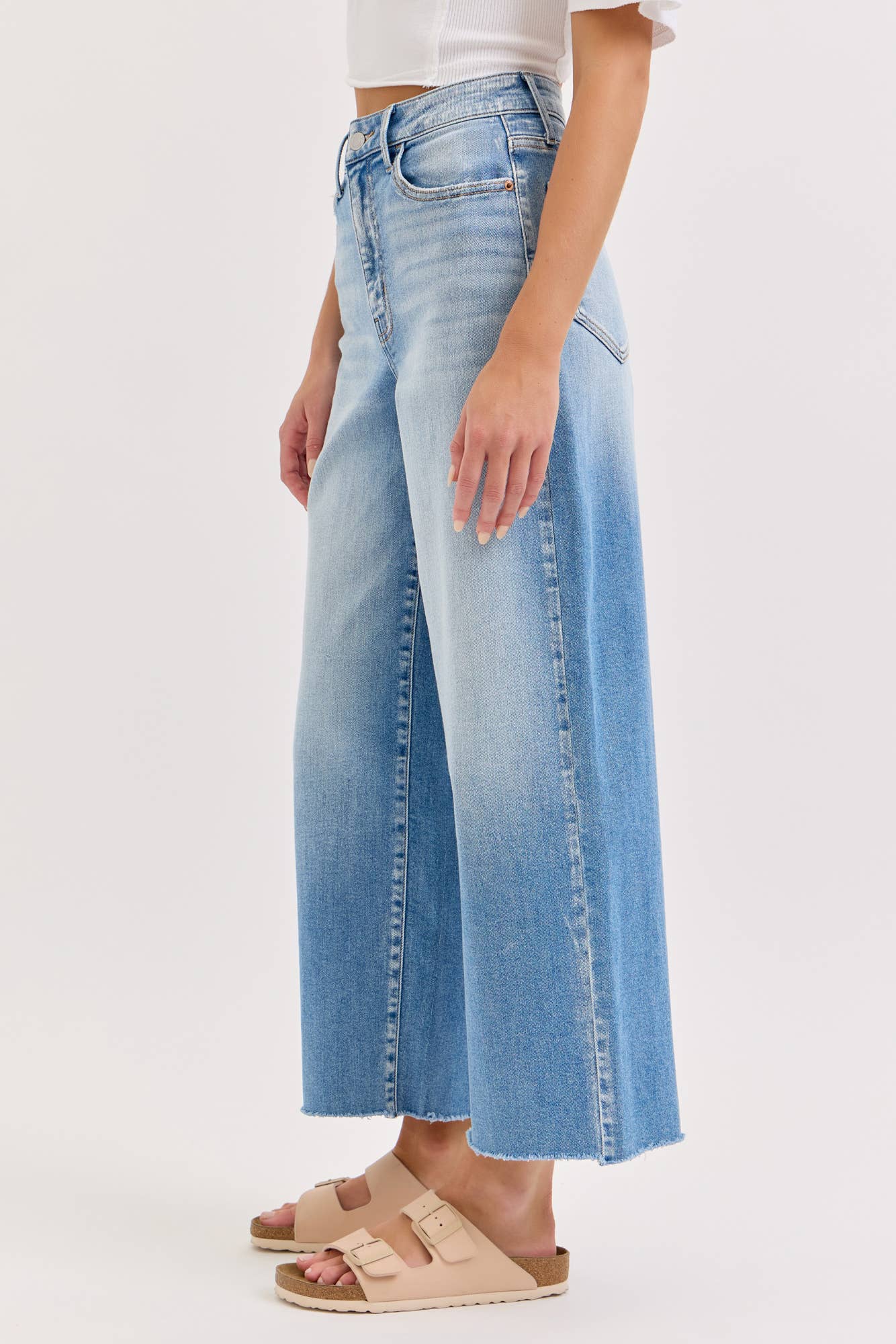Harlow High Rise Raw Hem Crop Wide Leg Jeans ~ Light Denim
