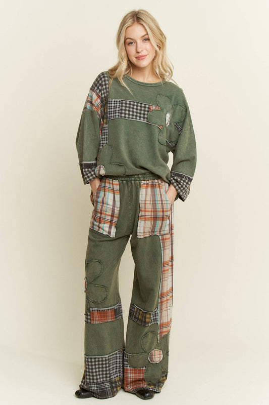 Massie Mineral Washed Plaid Daisy Pants ~ Dark Olive