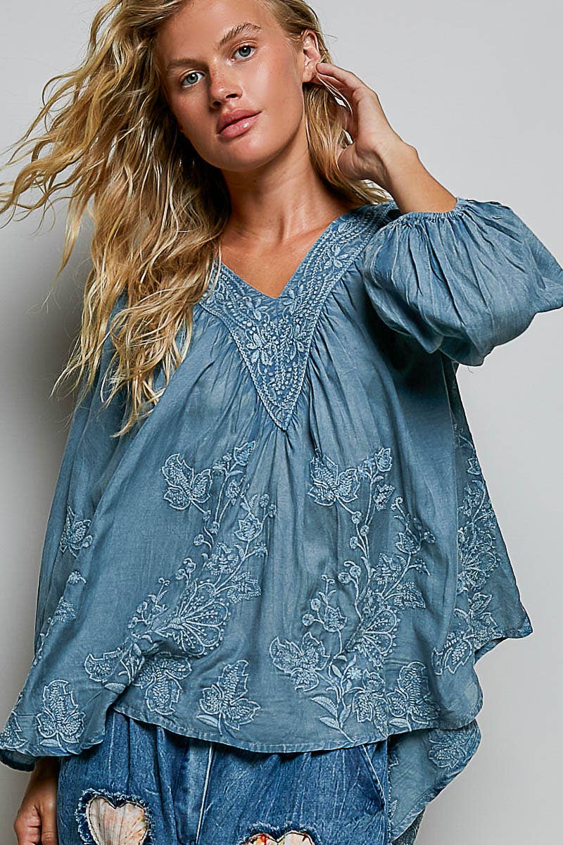 Artisanal Charm Floral Embroidered Blouse V-Neck Top ~ Blue