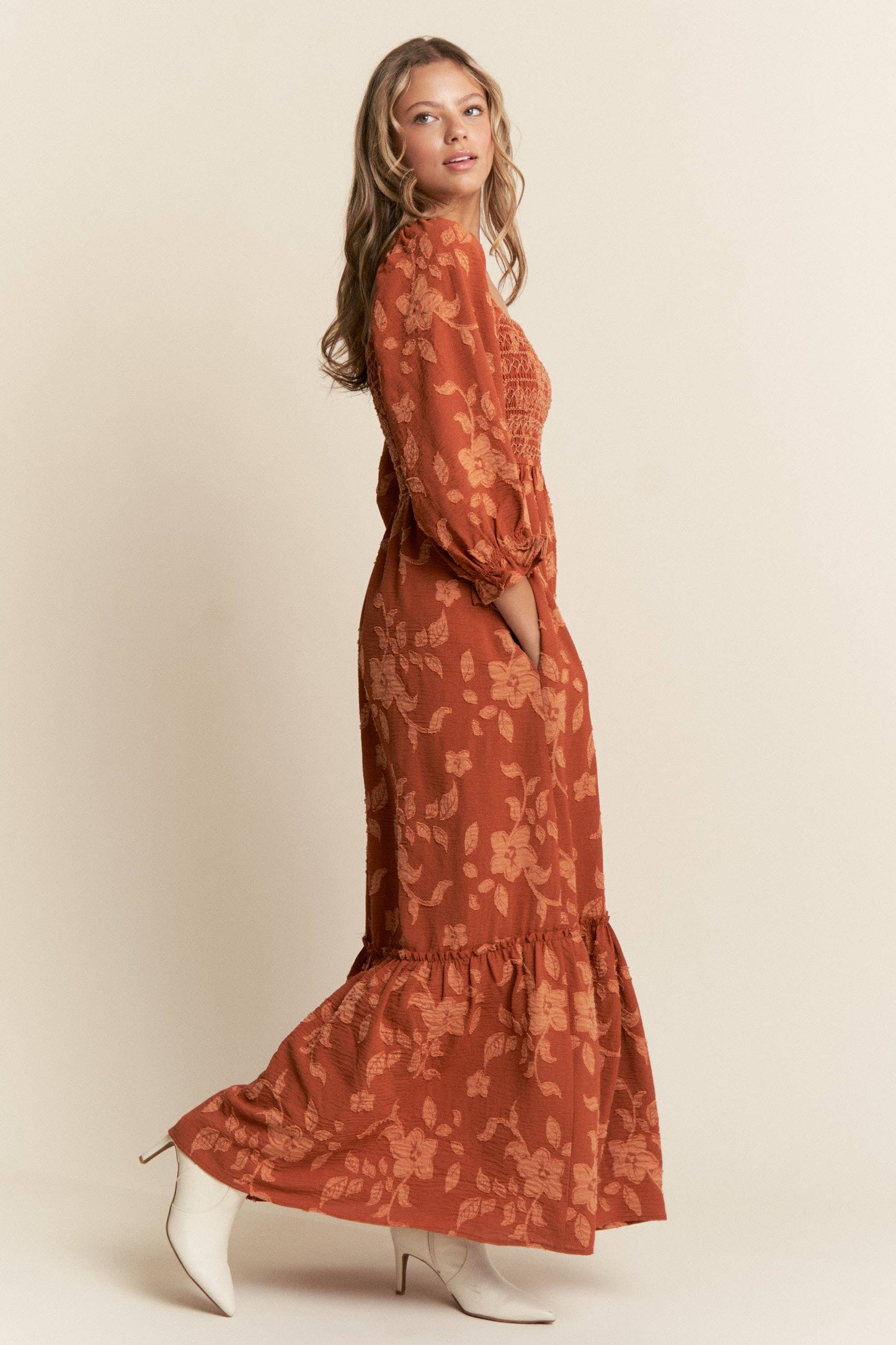 Felicity Floral Smocked Bodice Maxi Dress ~ Brick