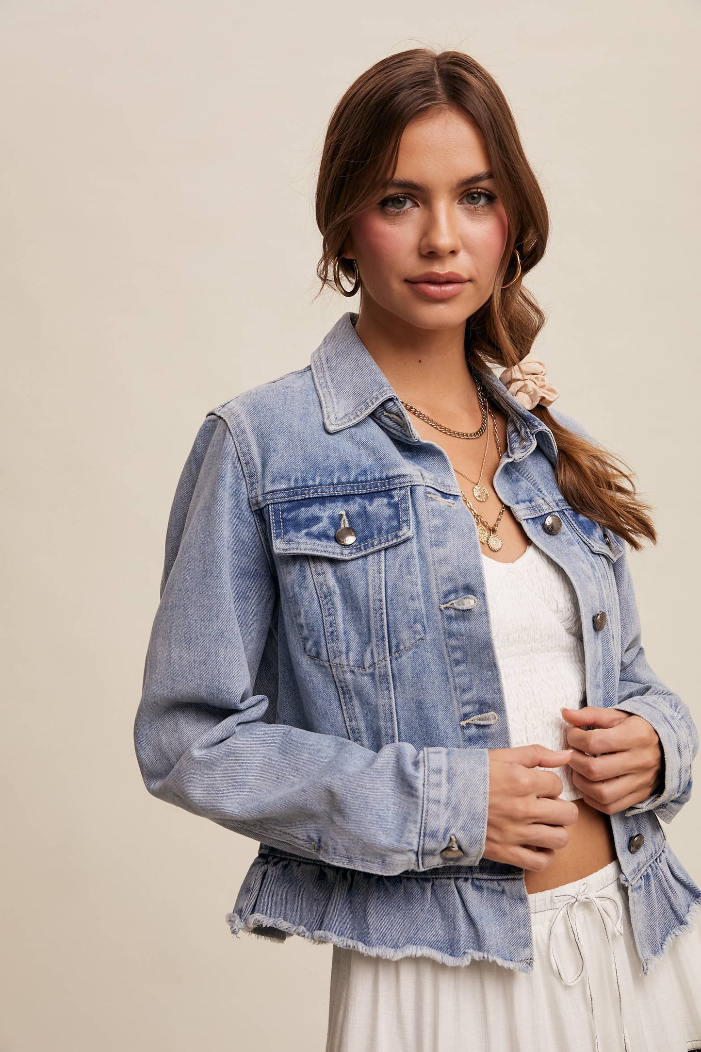 Regan Ruffled Hem Denim Jacket ~ Light Denim