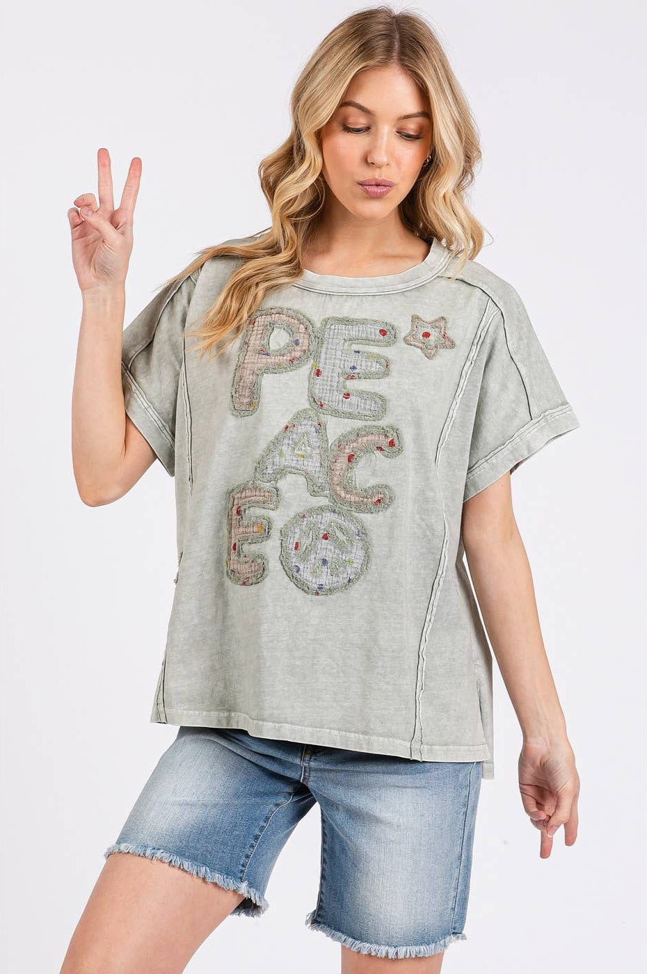 Paige Peace Sign Patchwork Top ~ Sage Grey