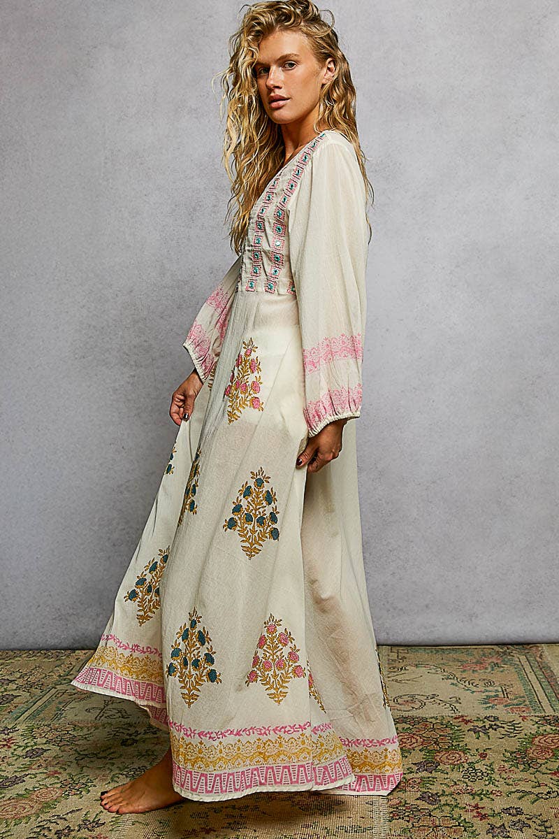 POL Embroidered Floral Maxi Dress ~ Natural