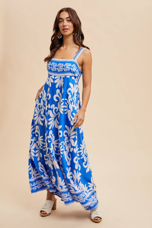 Riley Resort Border Print Maxi Dress ~ Sea Blue
