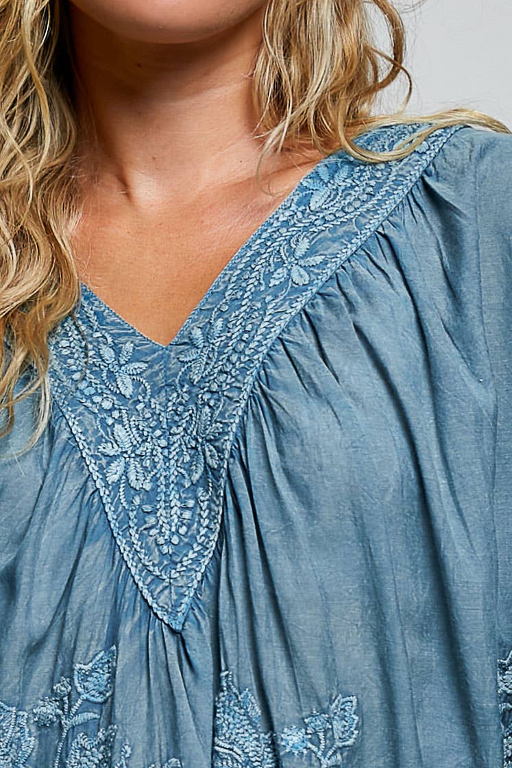 Artisanal Charm Floral Embroidered Blouse V-Neck Top ~ Blue