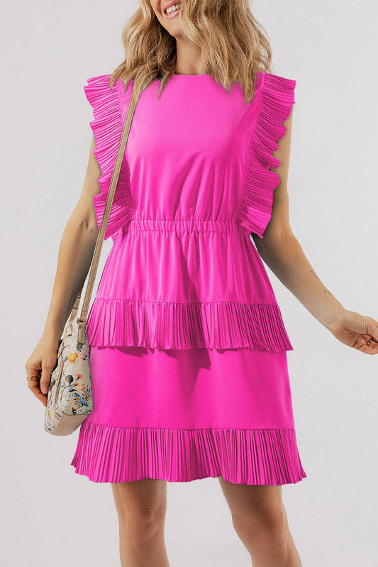 Zoe Pleated Layered Flutter Mini Dress ~ Bright Pink