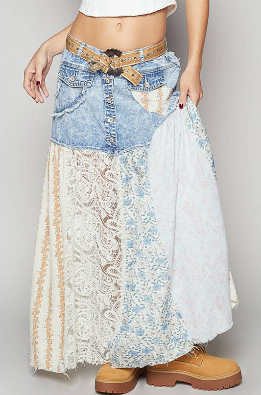 POL Woven Floral Print Mixed Skirt ~ Light Denim