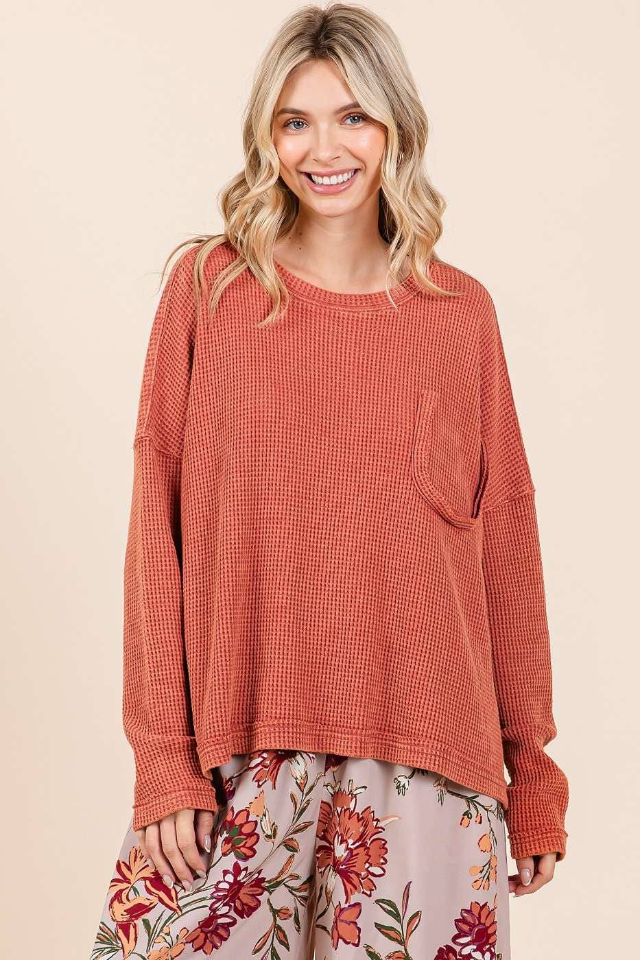 Myra Mineral Wash Cutout Pocket Waffle Top ~ Rust