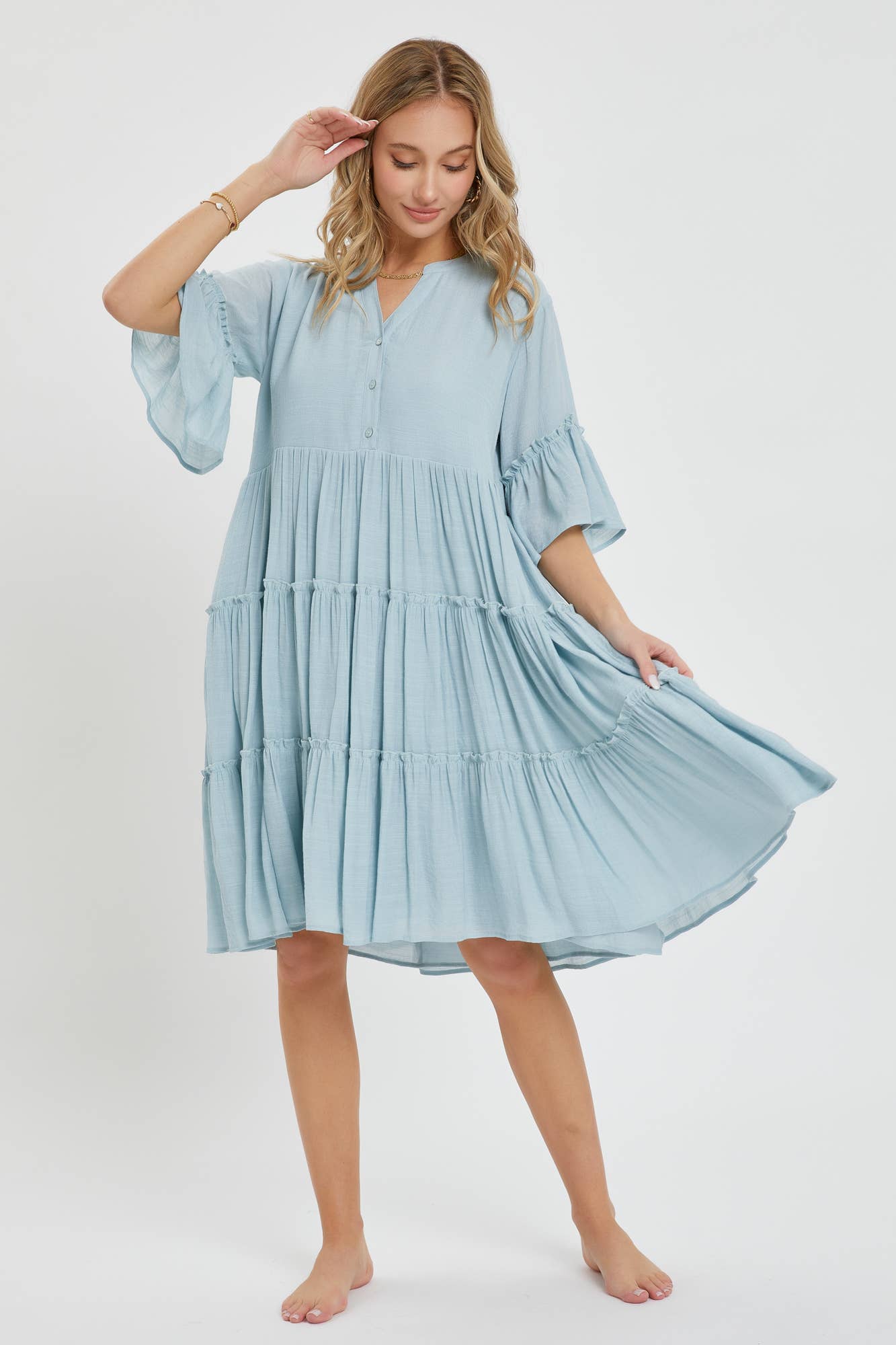 Theo Tiered Shirt Dress ~ Misty Blue