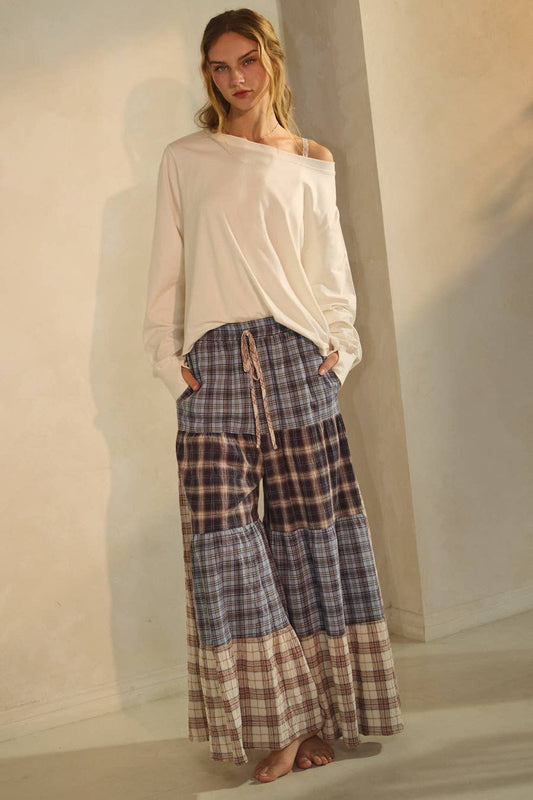 Penny Relaxed Plaid Patchwork Pants ~ Blue