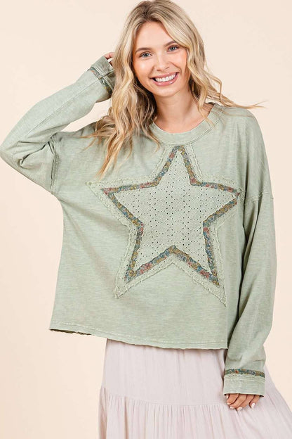 Avery Mineral Wash Star Patch Top ~ Sage