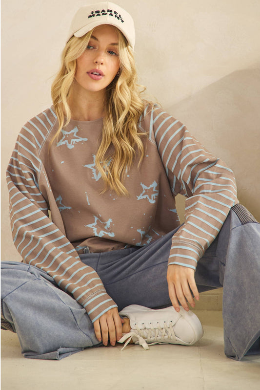 Sheri Striped Sleeve Star Top ~ Mocha