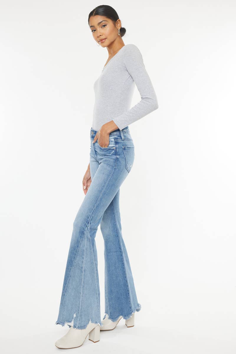 Stacey Mid Rise Raw Hem Flare Jeans ~ Light Denim