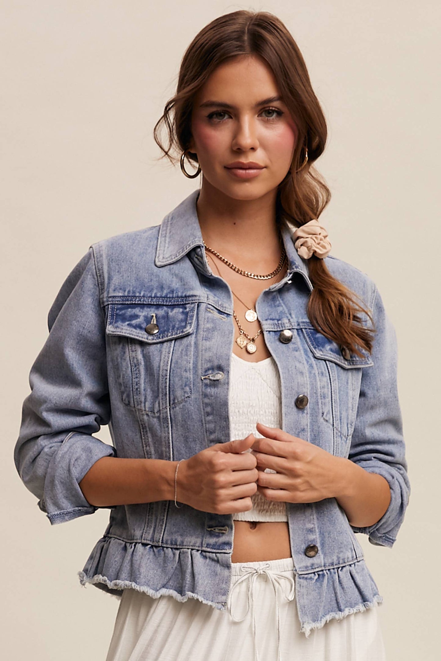 Regan Ruffled Hem Denim Jacket ~ Light Denim