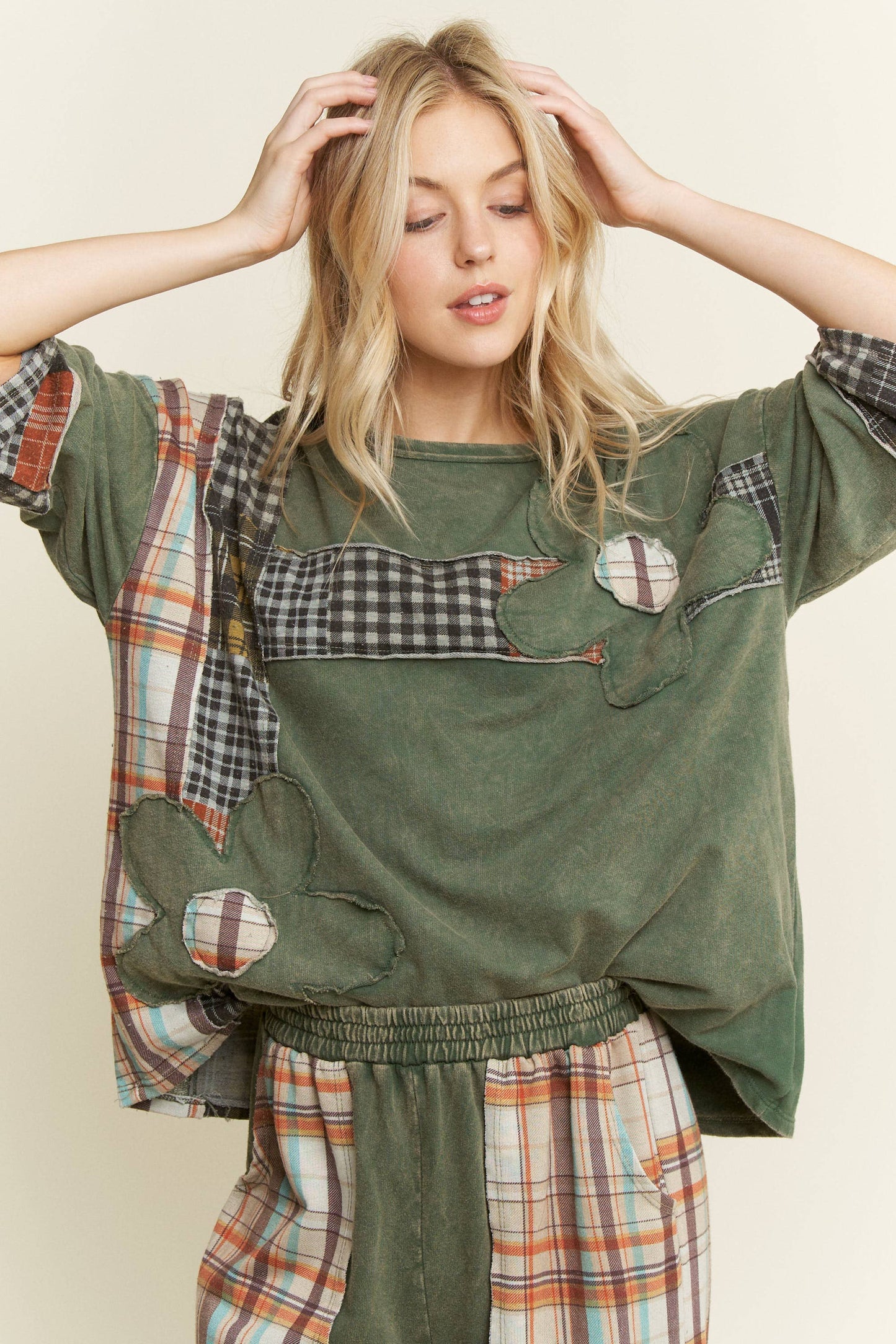 Massie Mineral Washed Plaid Daisy Top ~ Dark Olive