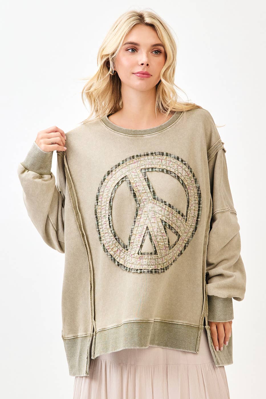 Parker Peace Sign Patch Mineral Wash Pullover ~ Olive