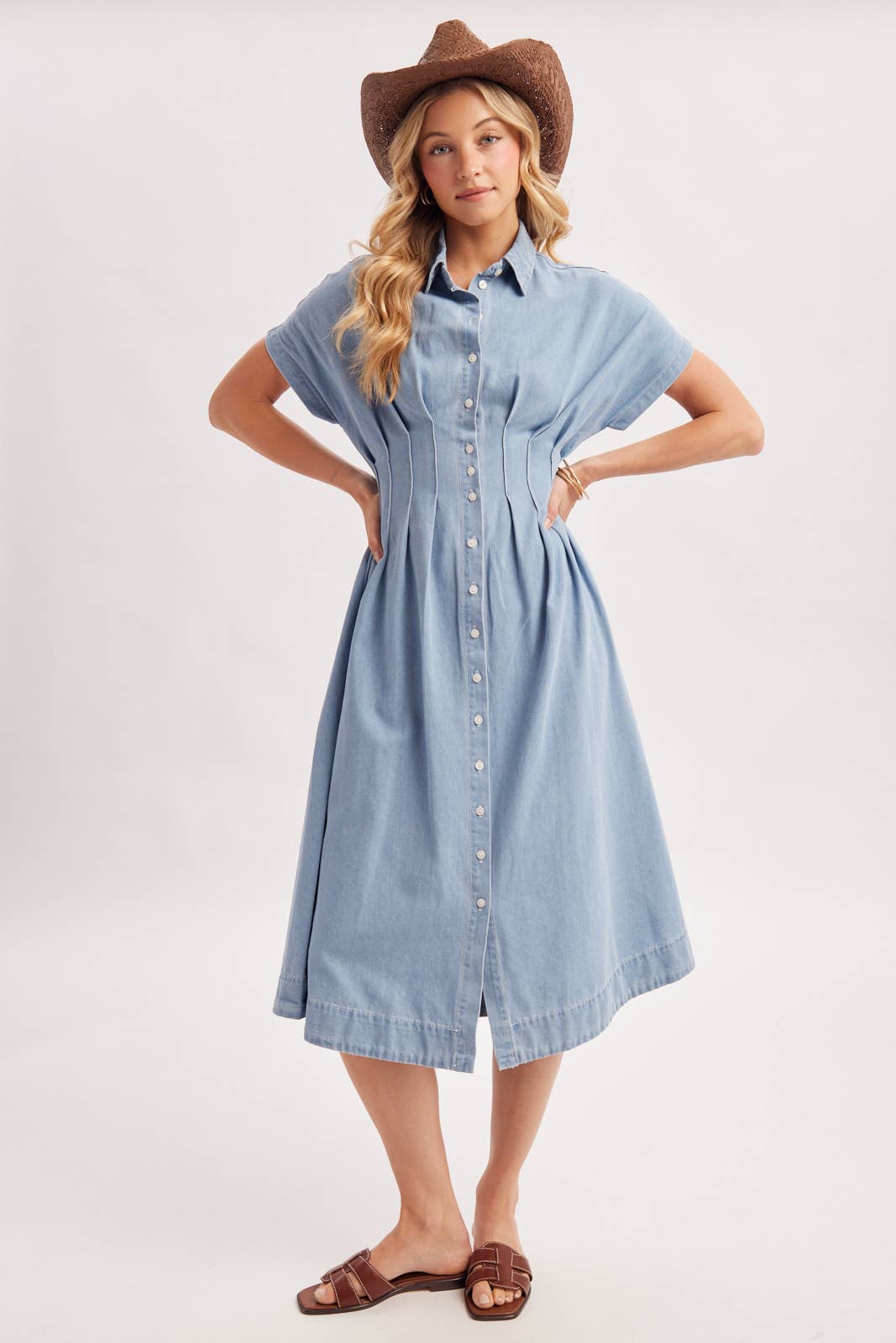 Bailey Pleated Waist Button Down Shirt Dress ~ Light Denim