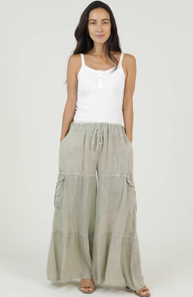 Avery Acid Wash Smocked Waist Cargo Pants ~ Sage