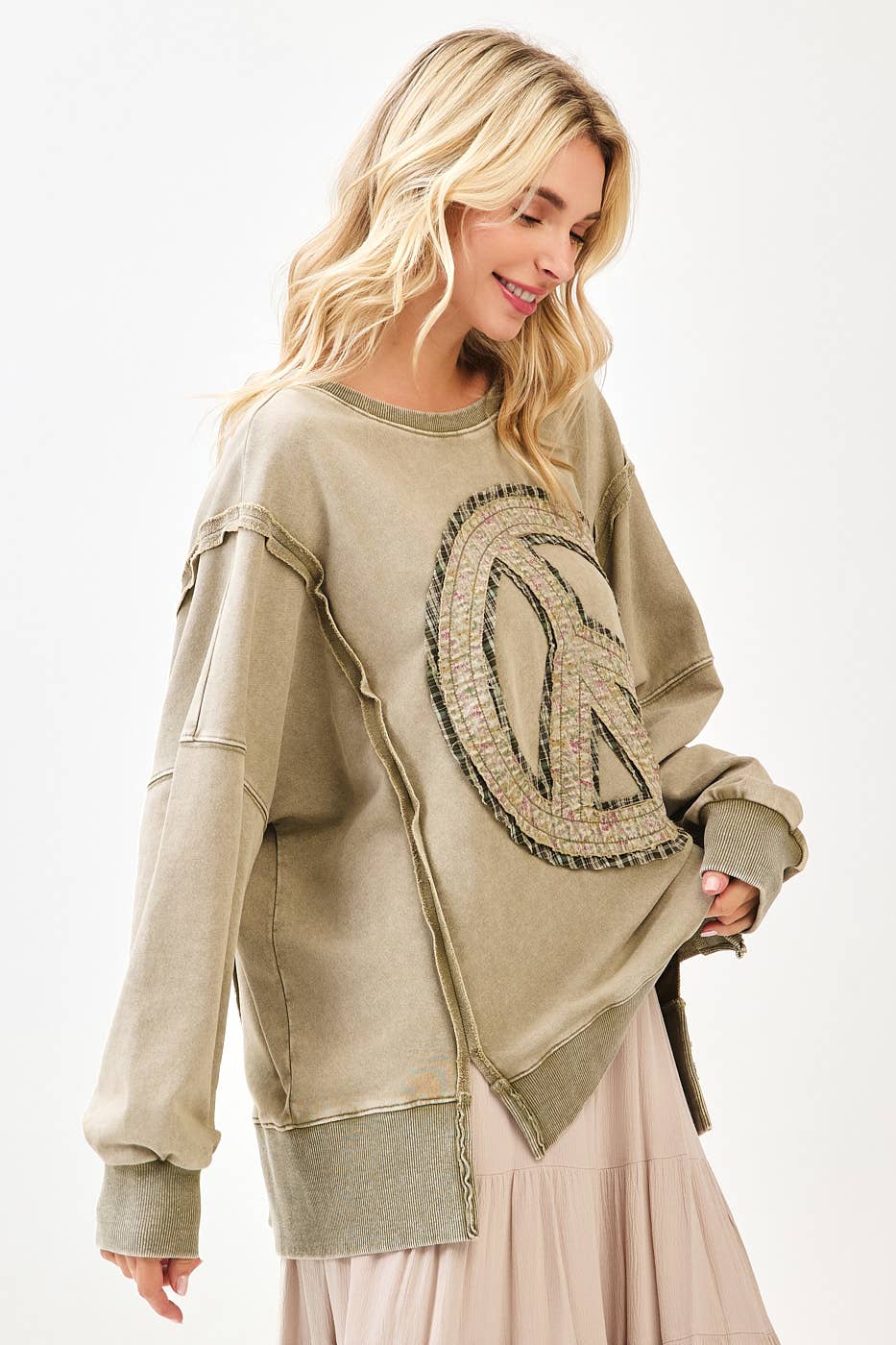 Parker Peace Sign Patch Mineral Wash Pullover ~ Olive