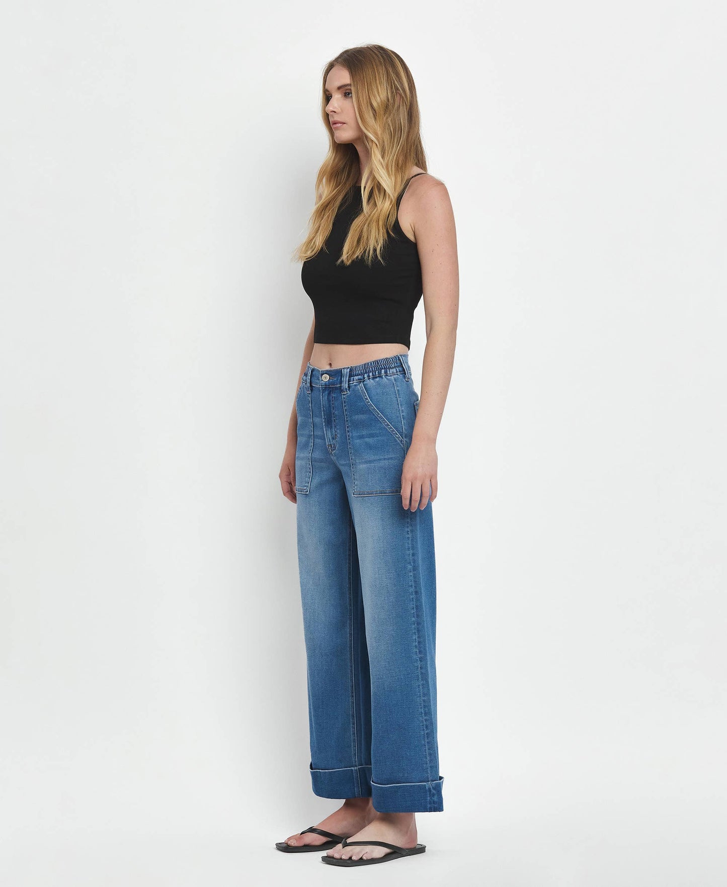 Eva High Rise Double Cuffed Baggy Wide Jeans ~ Dark Denim