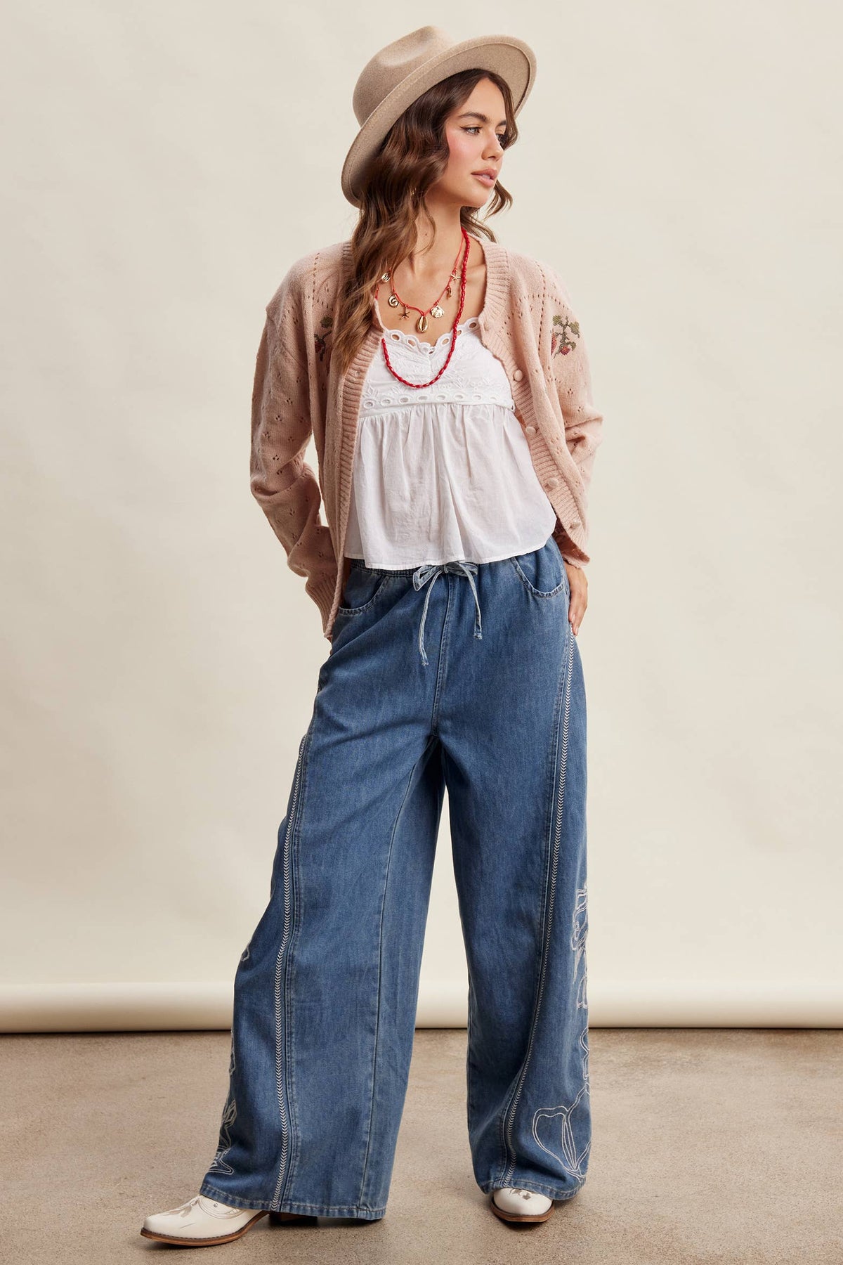 Emma Embroidered Wide Leg Denim Pants ~ Sunwash Blue