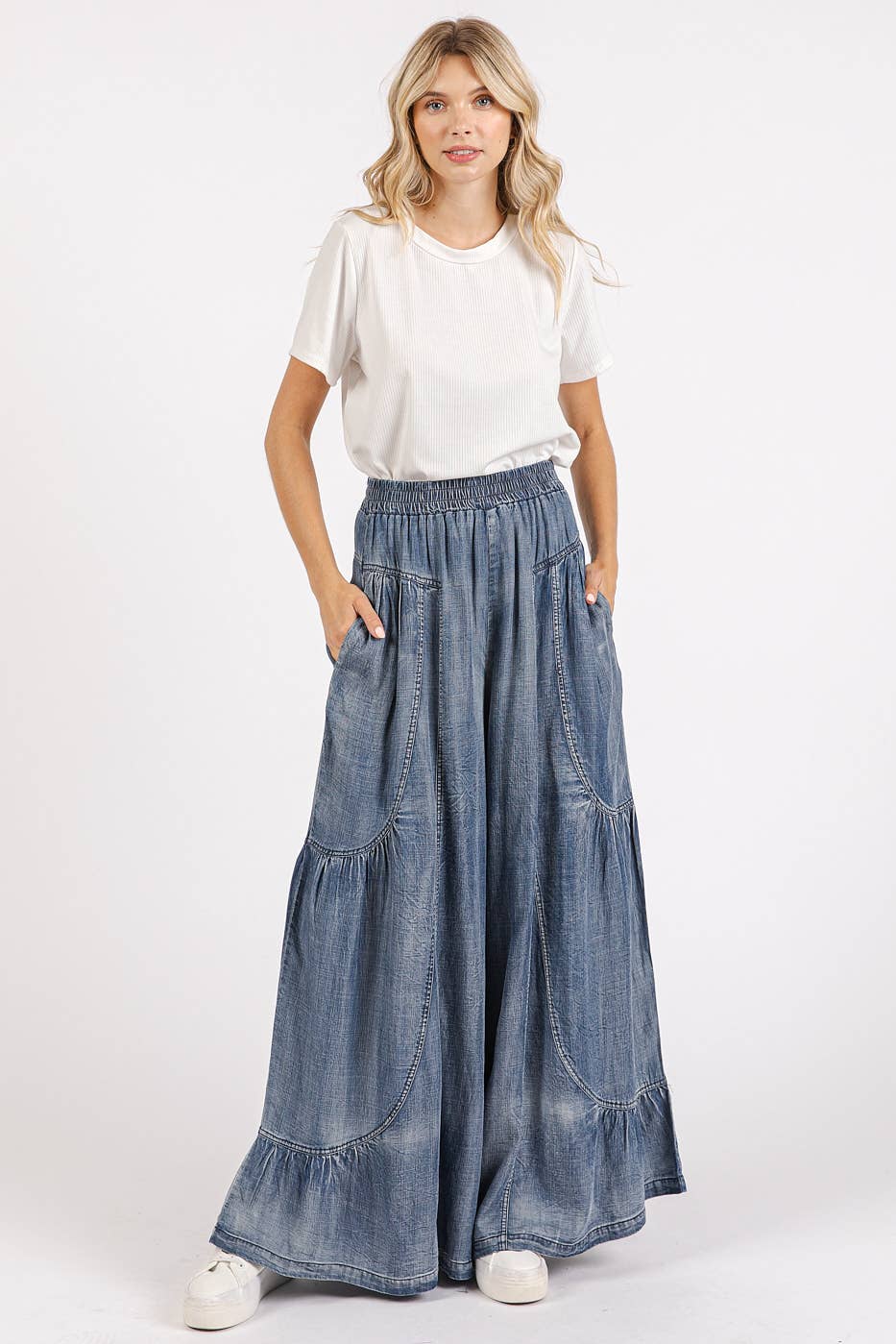 Nellie Washed Tier Detail Wide Leg Pants ~ Chambray