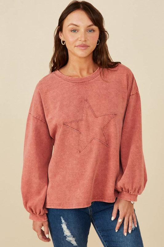 Tara Star Patch Washed Top ~ Deep Red