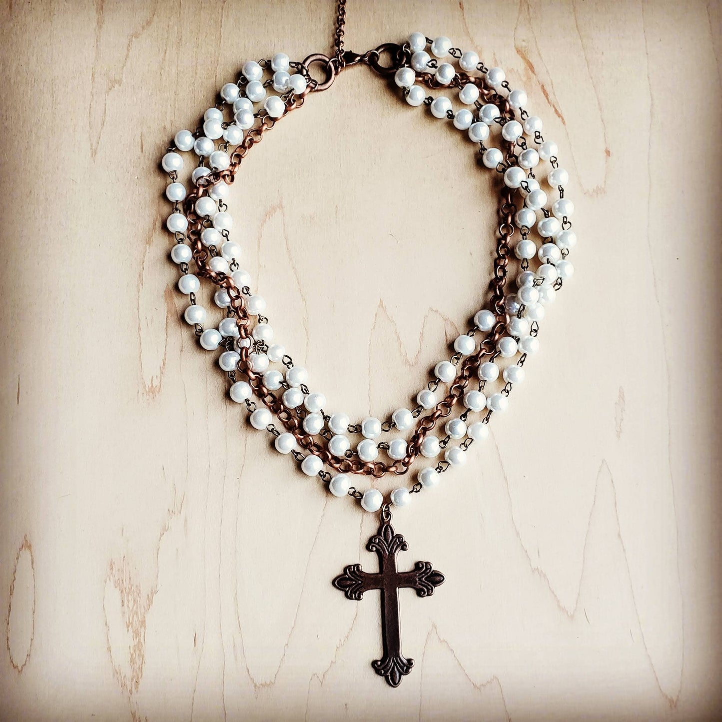 Pearl & Copper Beaded Cross Necklace