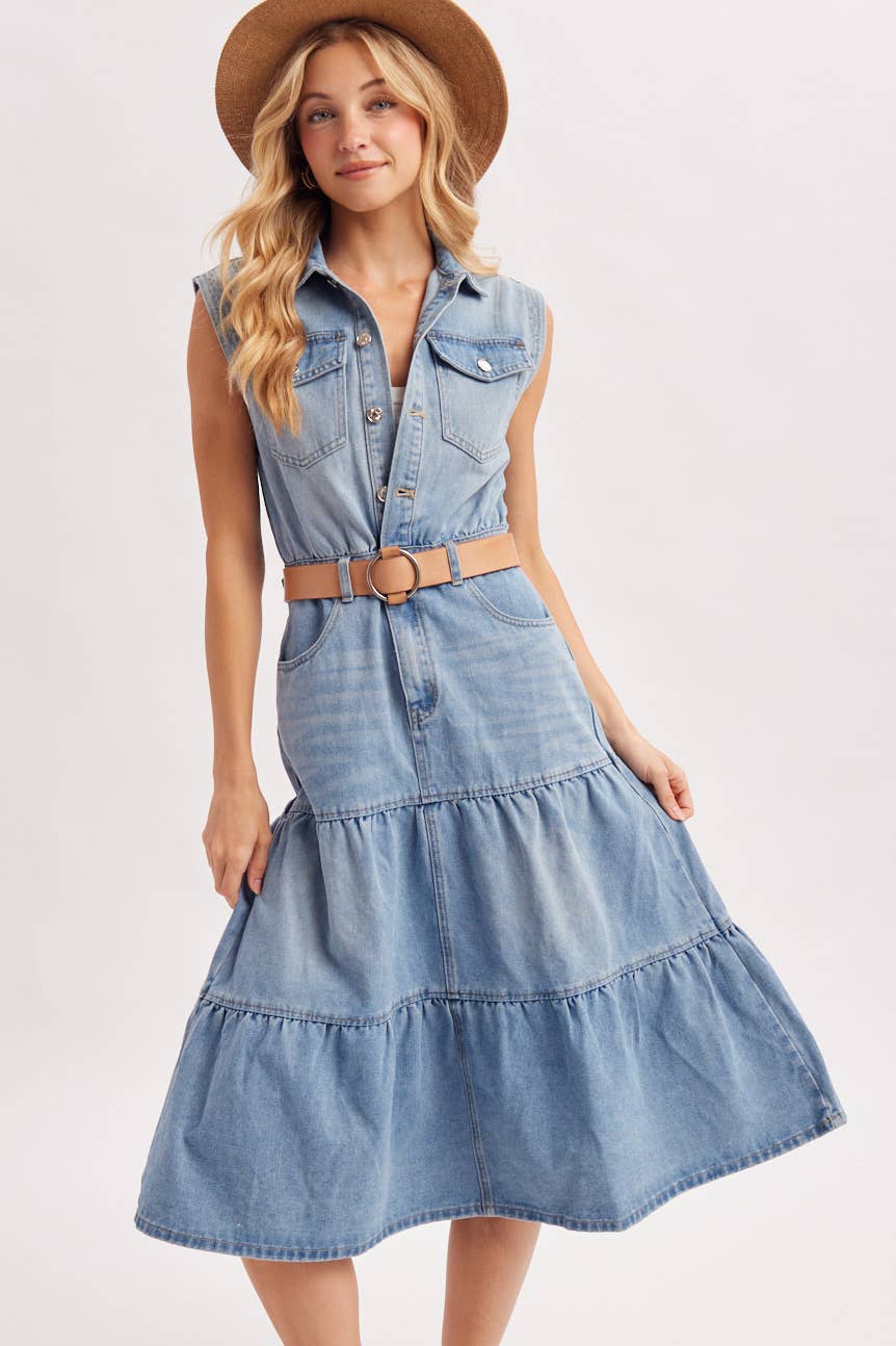 Devon Tiered Sleeveless Shirt Midi Dress ~ Light Denim