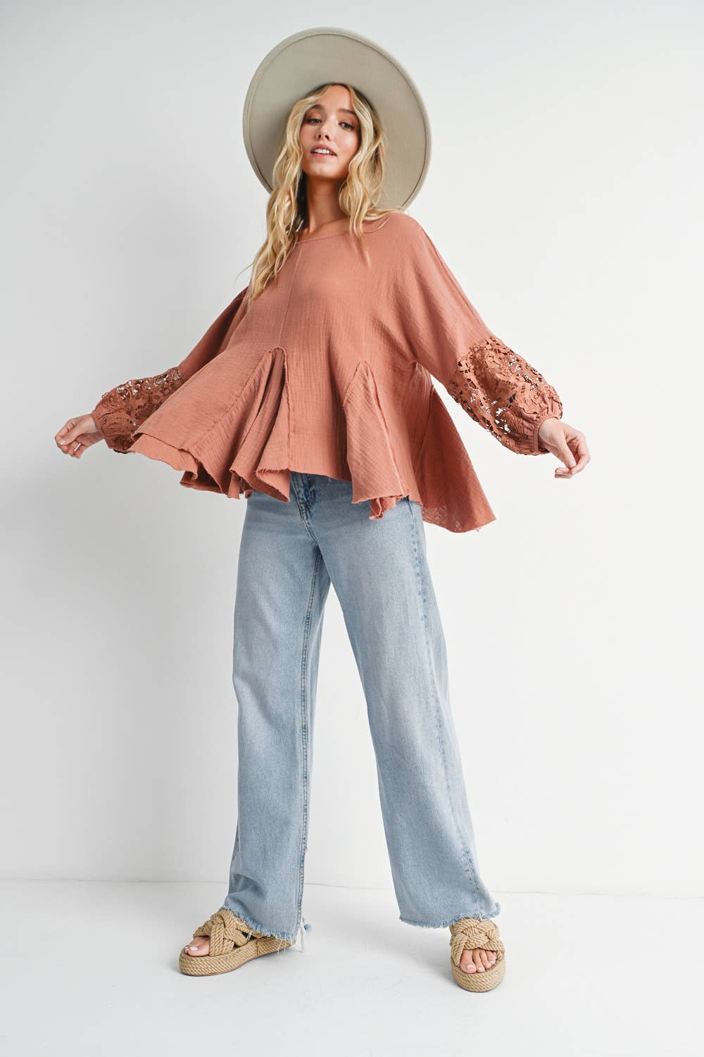 Carrie Crochet Trimmed Sleeve Top ~ Clay