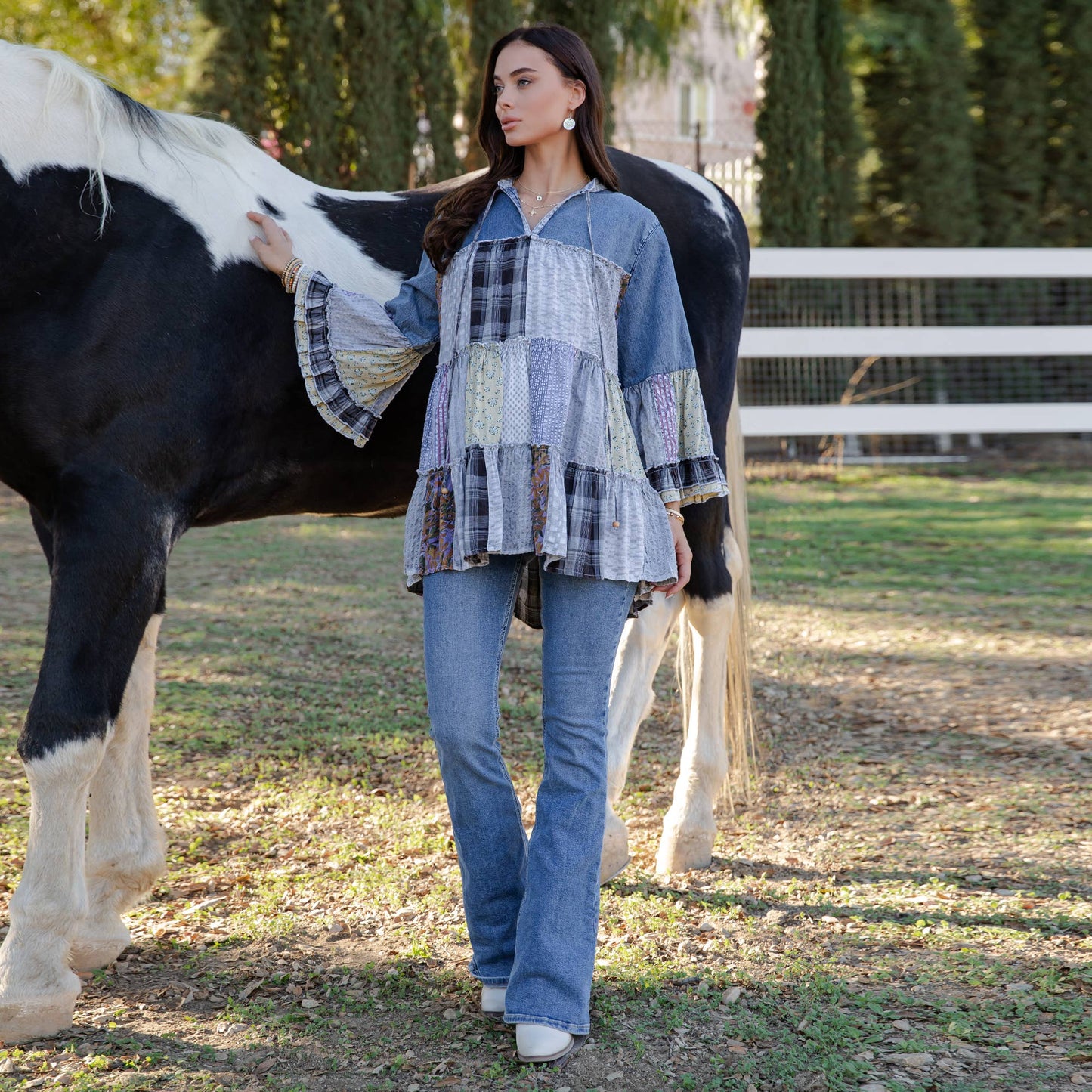Amelia 3/4 Sleeve Jhabla Patchwork Top - Light Denim