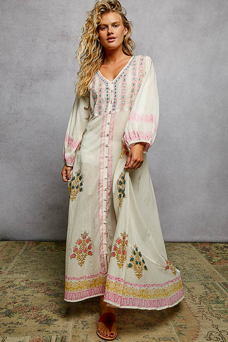 POL Embroidered Floral Maxi Dress ~ Natural