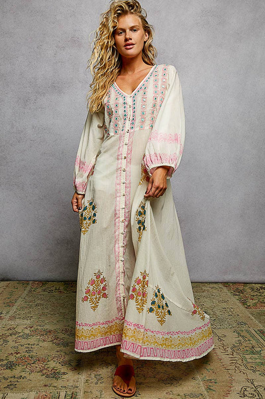 POL Embroidered Floral Maxi Dress ~ Natural