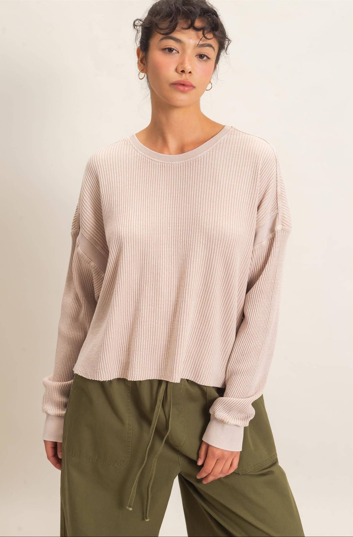 Mya Mineral Wash Waffle Open Back Top ~ Dark Taupe
