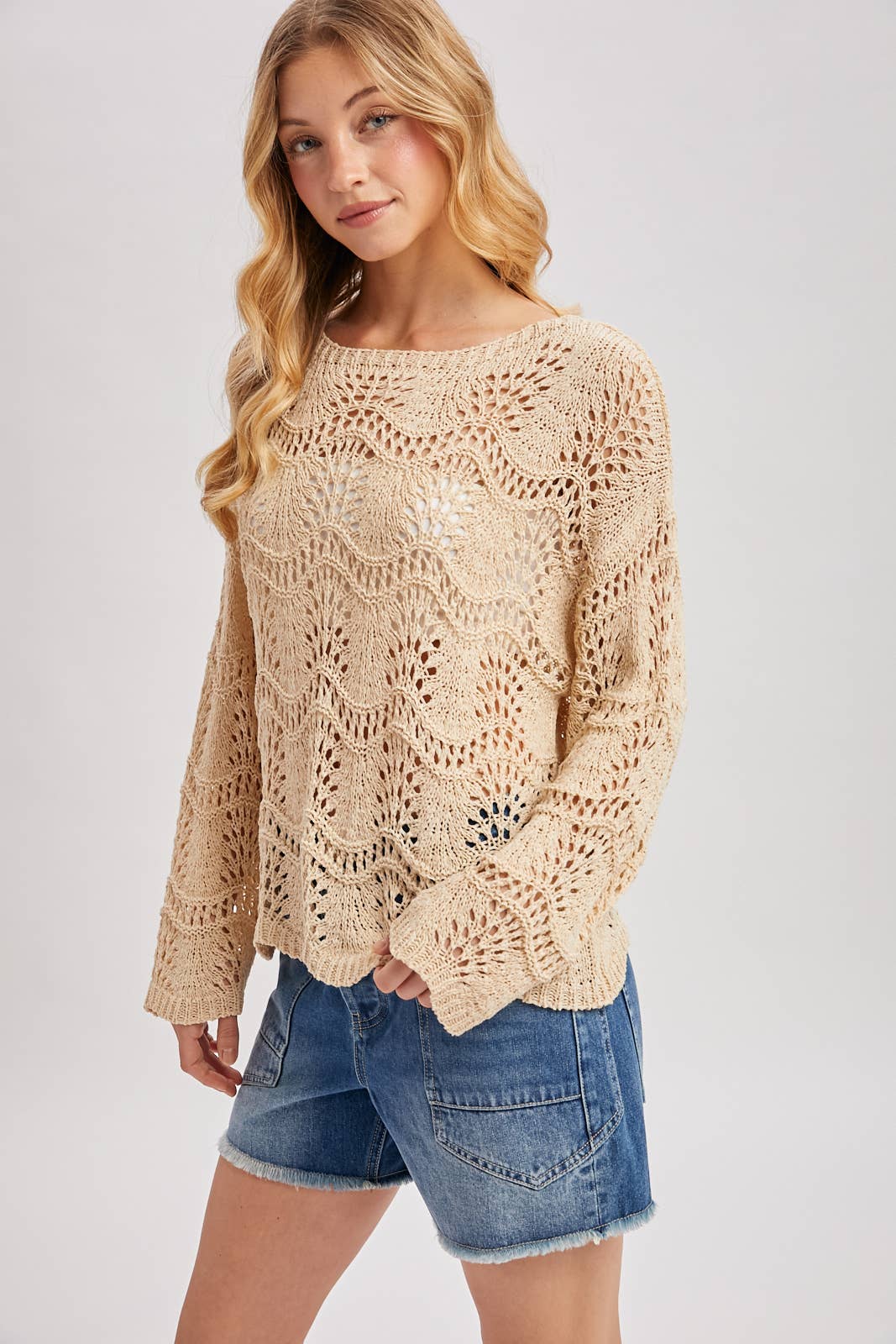 Sara Scalloped Hem Open Knit Sweater ~ Natural